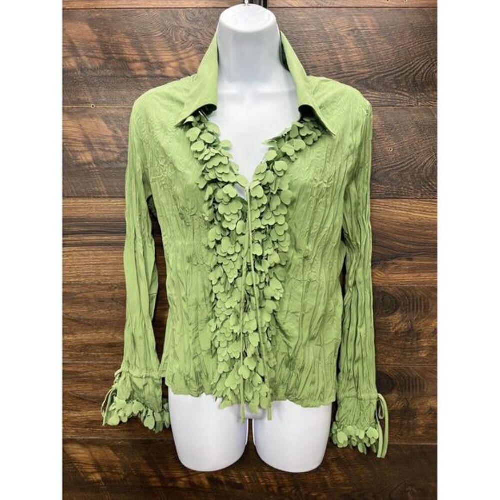 Violet Claire Blouse L Green Crinkle Hearts Rocker Fairycore Long Sleeve Vintage